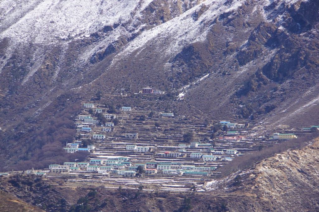 Phortse, the home town of our guide Phinjo Sherpa, seen in the distance. We did not go to Phortse, but saw it from the trail to Tyangboche.. 
