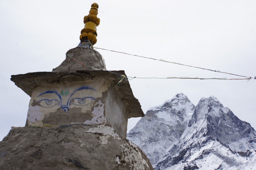 Ama Dablam, seen from an unusual angle here, behind the stupa.