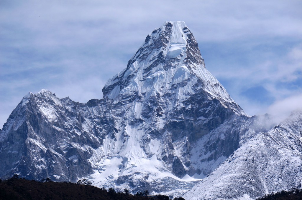 Ama Dablam. The most beautiful mountain I have seen... and very challenging to climb (the route takes climbers along the dark ridge on the right, then up to and diagonally across the hanging Dablam glacier. (Photo: Justin Merle)