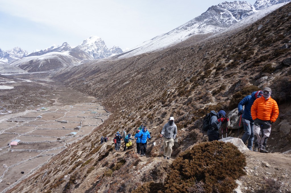 Headed up the scree slope behind Pheriche.  (Photo: Justin Merle)