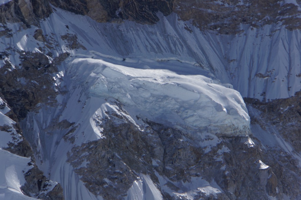 A "motivator" glacier hangs over the icefall on the west shoulder of Everest.