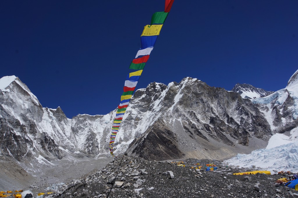 Flags fly up towards HiMex and the icefall.