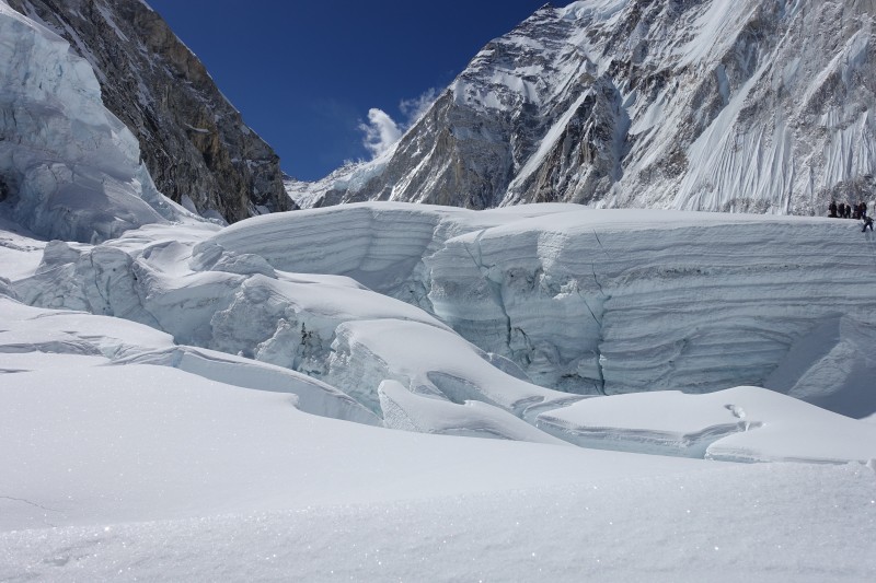 Last year's route on the left, and this year's route to the right, clearly different and slower, but not exposed to the hanging ice of Everest's west shoulder. (Photo: Blake Penson)