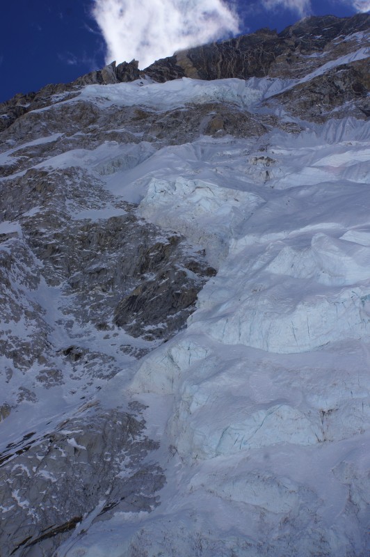 Raw, ragged edge of the hanging glacier that fell and tragically took many Sherpa lives the year before. Seen in telephoto, it was well away from our route this year.