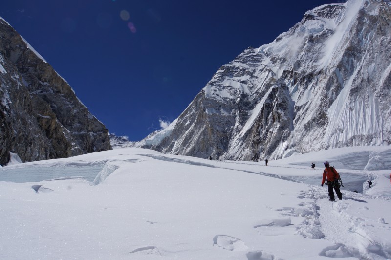 The seemingly endless, serpentine route to C1. Lhotse peeking out in the distance.