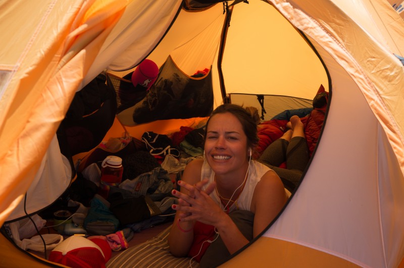 Kim savors camp apres climb.  (Photo: Justin Merle)