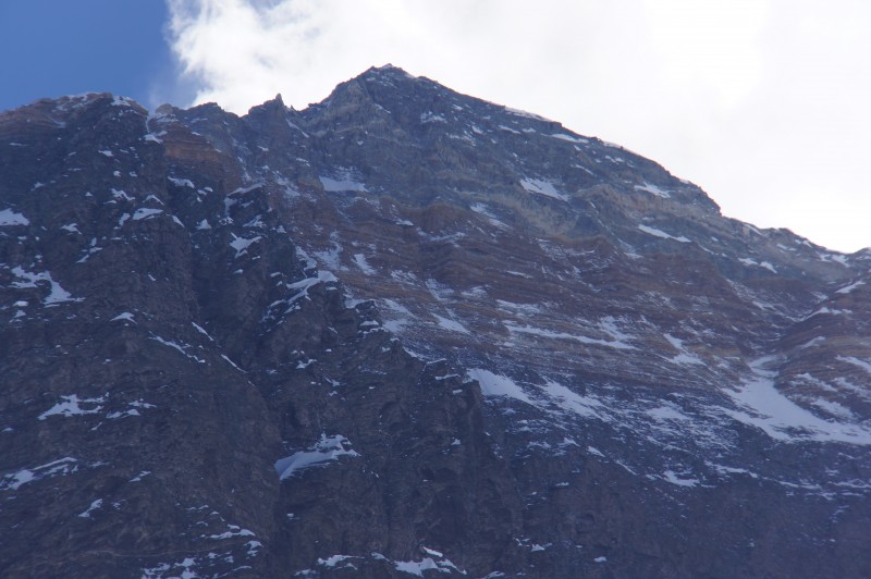 Summit in telephoto. Hillary Step is the small divot against the skyline on the right, just above the cornice traverse.