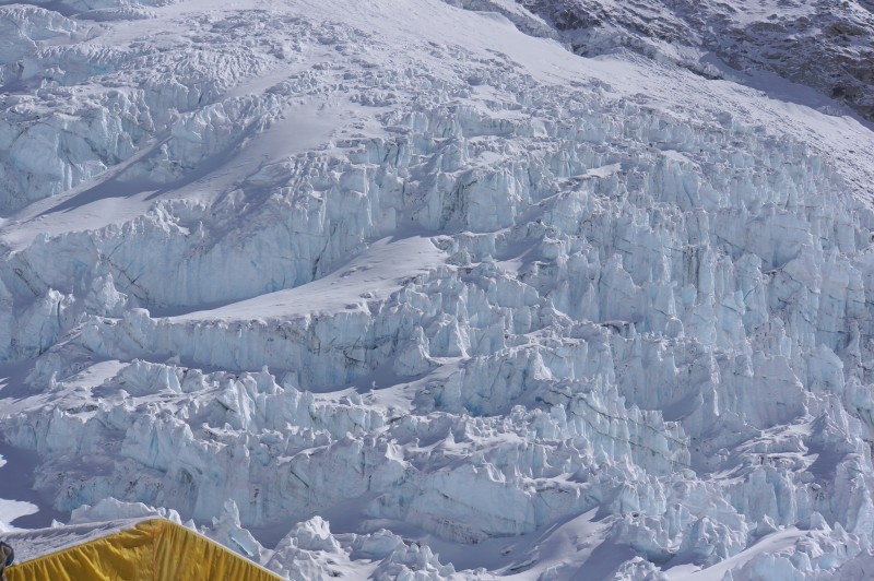 Closeup of some steep, gnarly icefall on Everest's flank. 