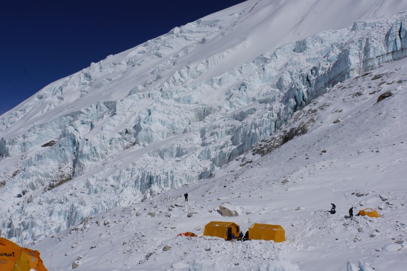 Ice cliffs above another expedition's camp. Like us, they did not seem to sustain damage in the quake. 
