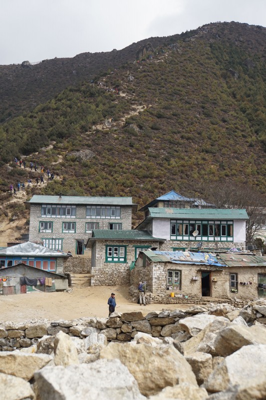 The trail up to the Everest View Hotel.... our buddies are there, just above the roof of the tea house on the left.