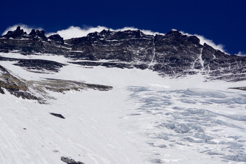 Telephoto of Lhotse summit, also with some of the Face... our Camp 3 will probably lie where the ruffled snow meets the smooth ice at mid-photo.