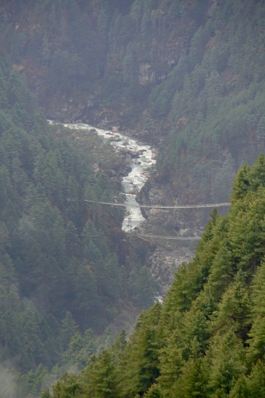 The double bridge we crossed day before yesterday, seen in telephoto from the trail to Tengboche.