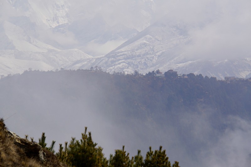 Our objective, Tengboche, seen on the ridge top at center of the screen.