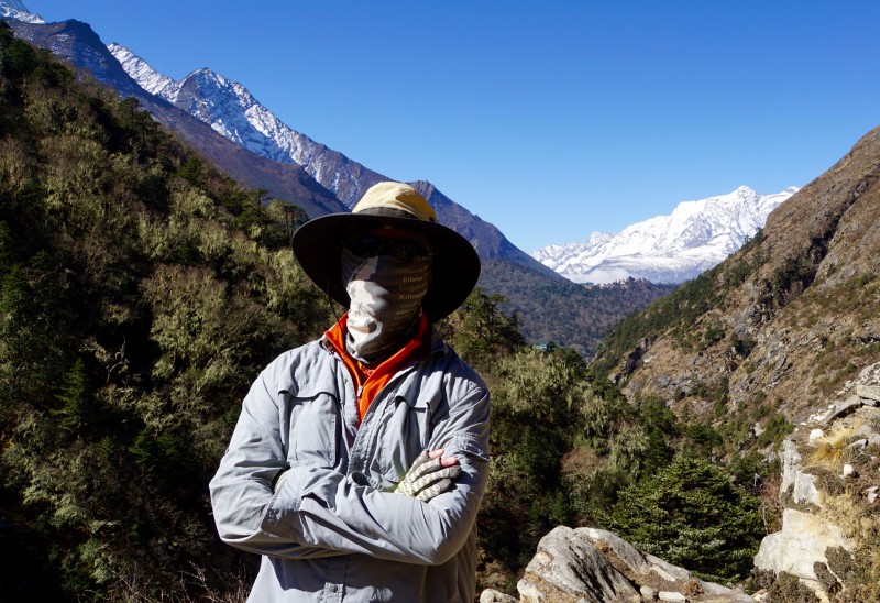 My garb is intended to protect me from the sun... but another benefit is that it hides my sadness as we approach Pangboche, while I think of my friend Gene Peterson.