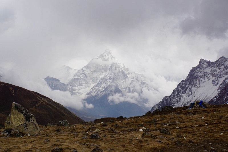 Ama Dablam becomes cloaked in the afternoon precip.