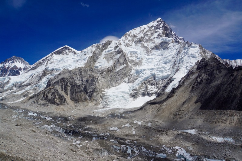 From left to right: Changtse, Everest West Shoulder, Everest Summit (with cloud cap), Nuptse.
