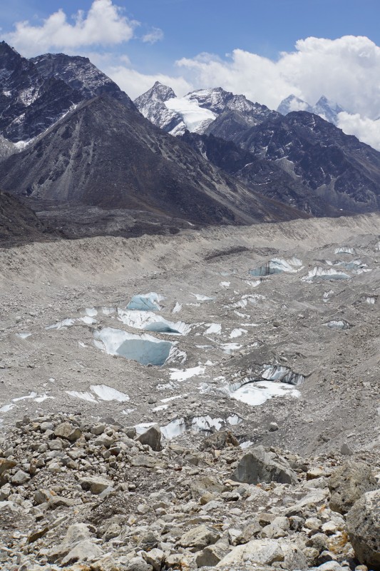 Looking down the Khumbu Glacier.  It is always covered in stones,but this is so different from last year, when everything was blanketed in white snow.