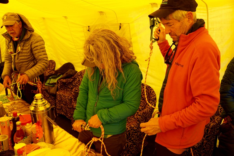 Getting our technical climbing gear rigged, checked, and double-checked from the luxury of the dining tent.  We will put this stuff to the test tomorrow in the glacier.