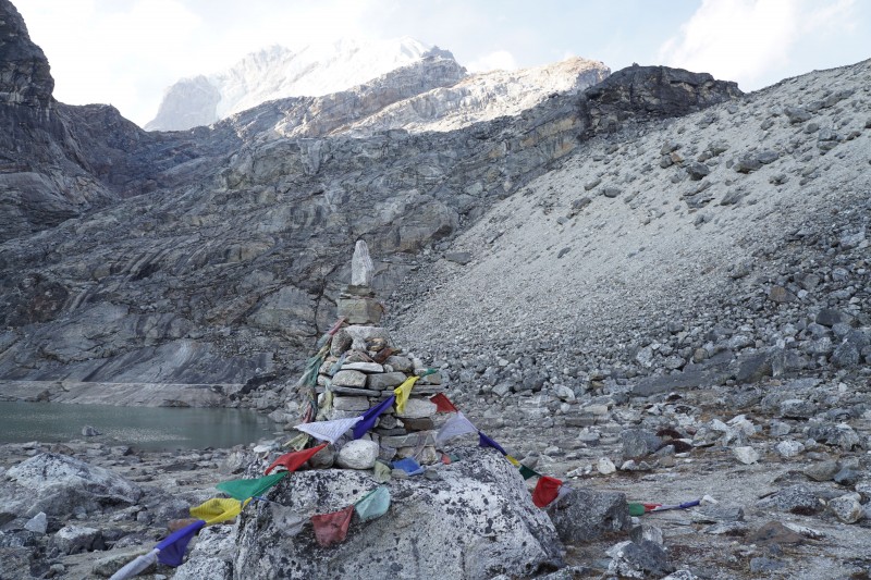 This small stone chorten marks LHC. We built a snow-person here last year. Not so much this time....