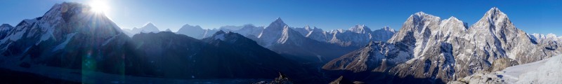 Panorama of the view from below crampon point. Sun just peeking out from behind the Everest massif (Nuptse).