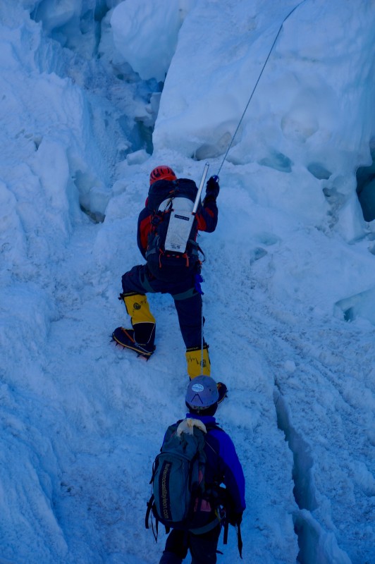Me and Ang Pemba heading up some steep ice. (Photo: Justin Merle)