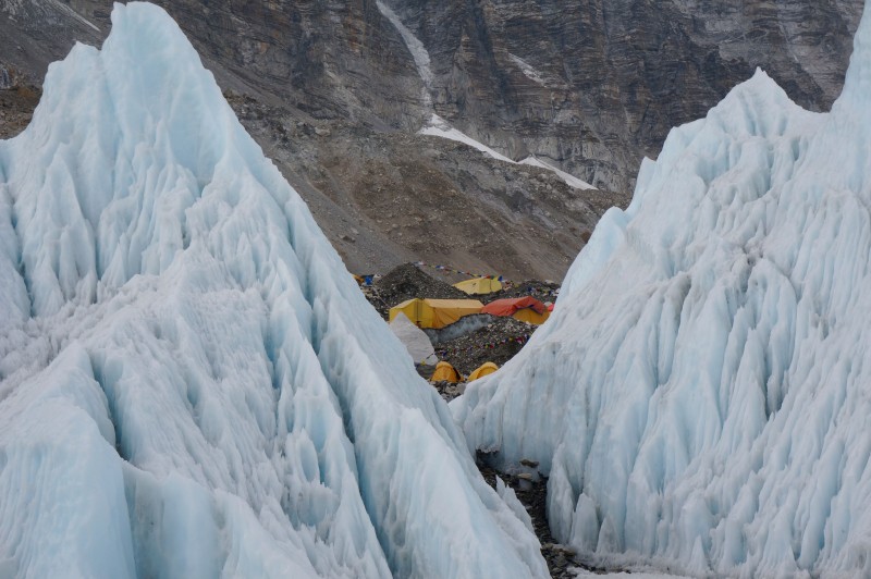 Looking back at EBC from the ice climbing area on the Khumbu Glacier. (Photo: Justin Merle)