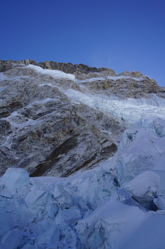 The Tragic Ice face, which calved off and killed many Sherpa mountaineers in 2014. We are well to the right of this zone.