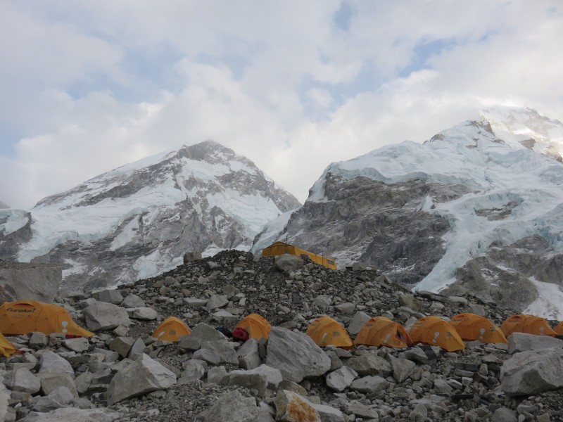 The Hybrid tents lined up, Everest West Shoulder and Nuptse looming above.  (Photo: Chris Hagerty)