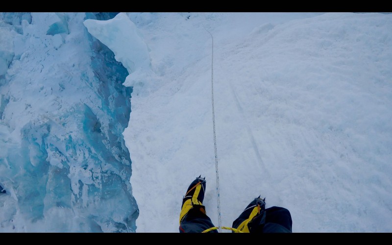 Sometimes the route skirts big crevasses... we spend some time on top of "ice fins" that crisscross the route. (GoPro screenshot)