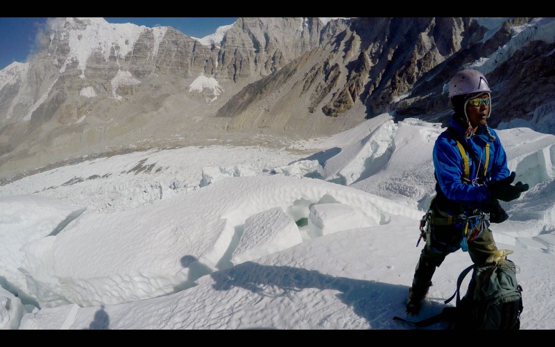 The lower icefall in full sunshine. Ang Pemba is raring to go. (GoPro screenshot)