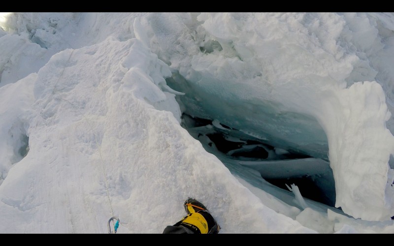 A big snow bridge makes crossing this crevasse a breeze. (GoPro screenshot)