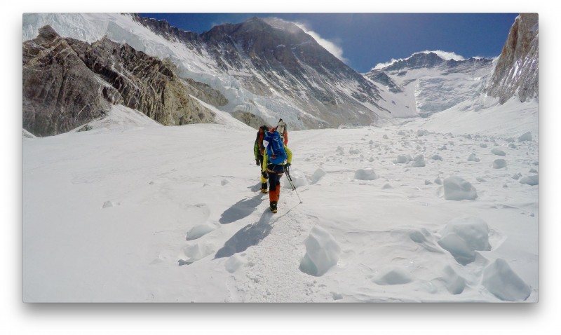We skirt the debris field that arises from Nuptse. Impressive, especially given the fact that the base of Nuptse is well below this elevation. (GoPro Screenshot)