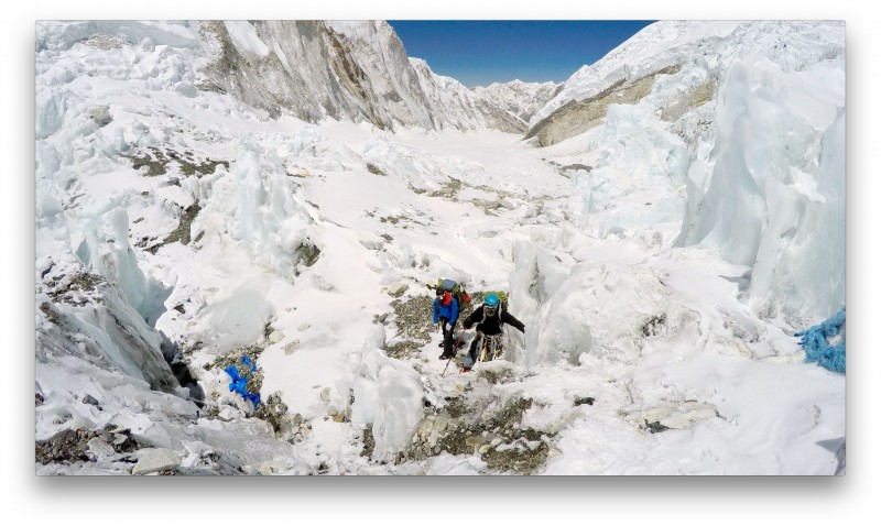 Pasang Kami and Siva scramble up some of the ice adjacent to Camp 2. (GoPro Screenshot)