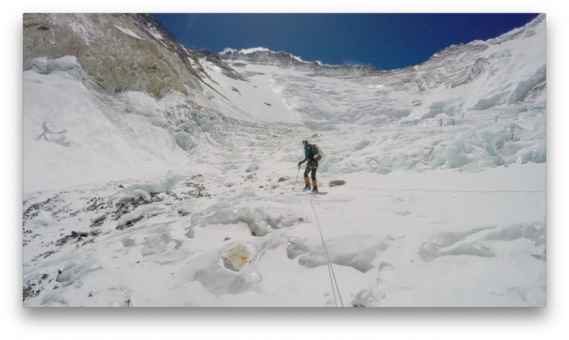 Justin leads us onto the high plateau of ice. We travel in traditional roped glacier style here. (GoPro Screenshot)