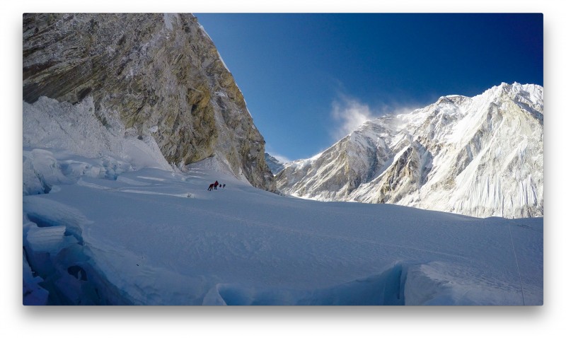 Looking back at the cwm as we approach the headwall. You can see the spindrift ripping off Nuptse... it was WINDY up there! (GoPro Screenshot)