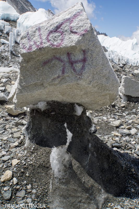 This block gives a sense of the timeline and life of boulder movement on the glacier: It marked the entrance to Adventure Consultants' camp in 2011. Now, 5 years later, it has migrated down-valley and is upside-down. Glaciers are alive and moving, no doubt.
