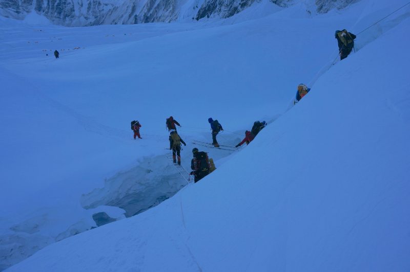 An unusual double-independent ladder crevasse crossing below a roller above Camp 1. (Photo: Justin merle)