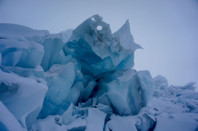 Avvy debris compressed over years into solid, bubble-free ice. (Photo: Justin merle)