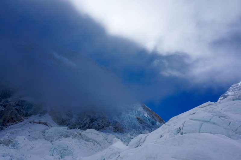 Cloud and Clear skies battle for dominance above the icefall. (Photo: Justin merle)