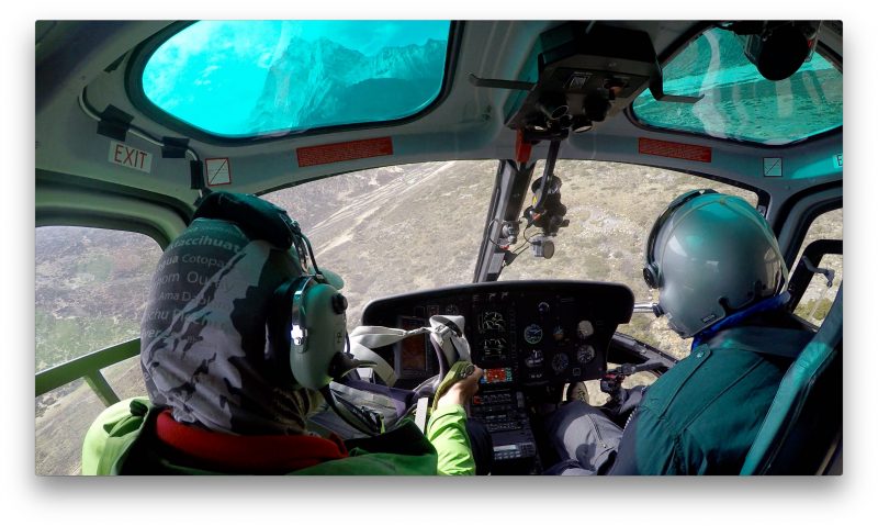 A righteous hairpin turn puts us on final approach to Phortse. Ama Dablam in the left skylight. Total flying time from Namche: 6 minutes. (GoPro Screenshot)