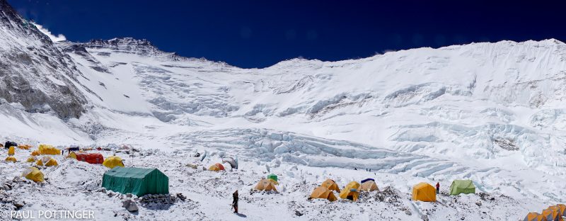 Panorama of Camp 2, looking up the Cwm towards Lhotse.
