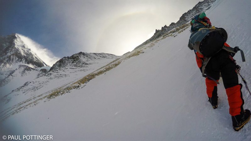 Approaching the dogleg leading to the Yellow Band. Sundog appearing over the ridge. (GoPro Screenshot)